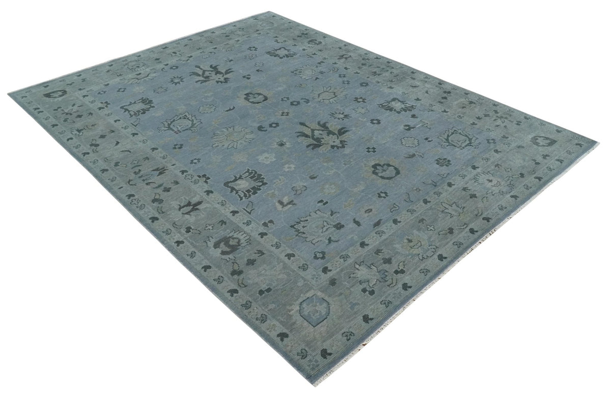 Antique style Blue, Silver and Charcoal Hand Knotted Oushak Wool Area Rug.