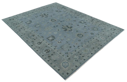 Antique style Blue, Silver and Charcoal Hand Knotted Oushak Wool Area Rug.