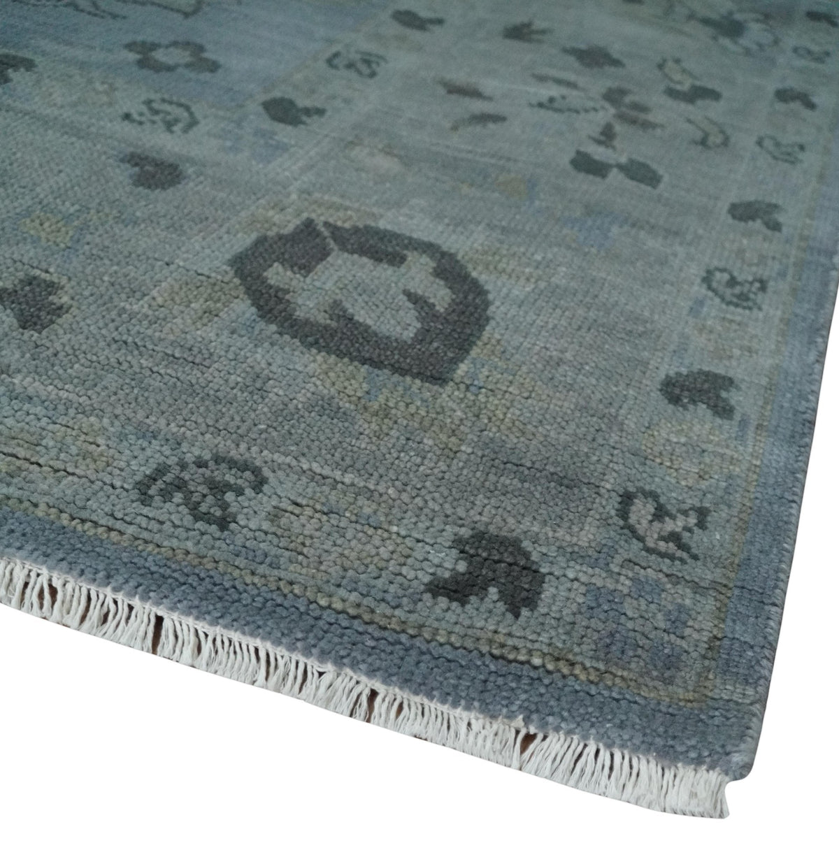 Antique style Blue, Silver and Charcoal Hand Knotted Oushak Wool Area Rug.
