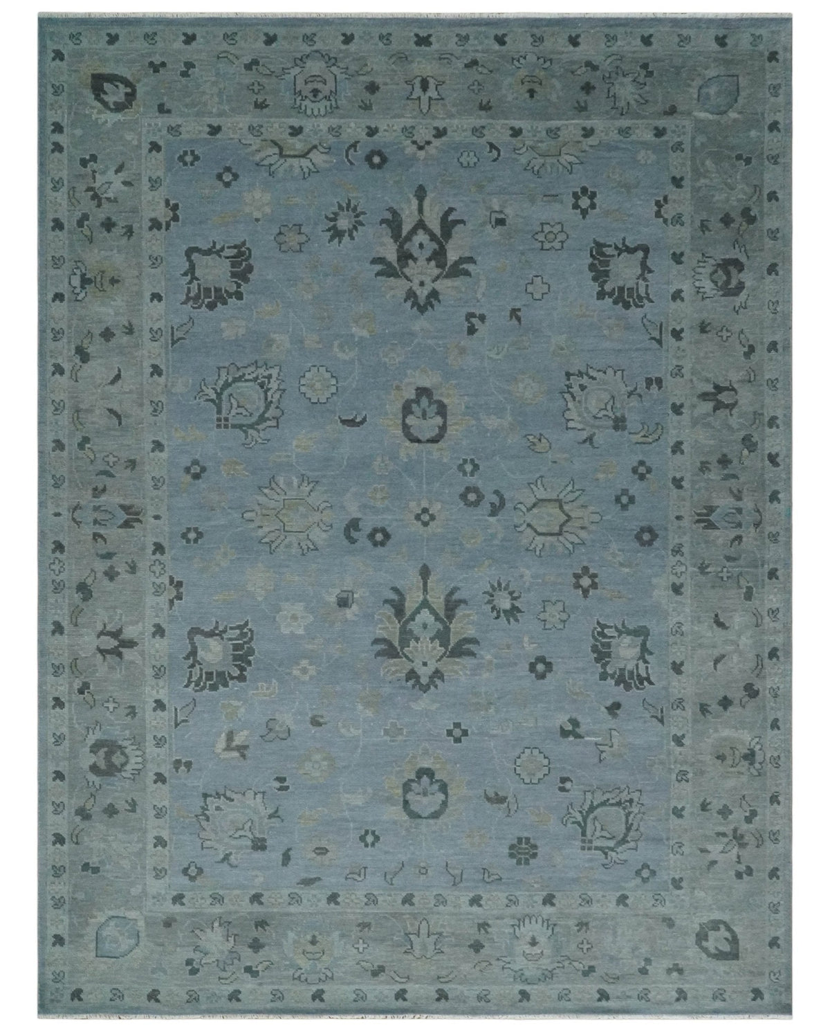 Antique style Blue, Silver and Charcoal Hand Knotted Oushak Wool Area Rug.