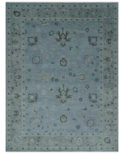 Antique style Blue, Silver and Charcoal Hand Knotted Oushak Wool Area Rug.