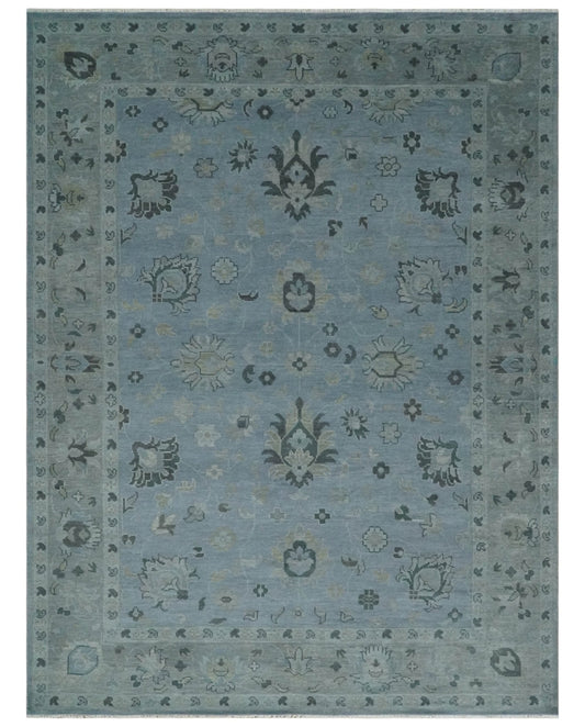 Antique style Blue, Silver and Charcoal Hand Knotted Oushak Wool Area Rug.