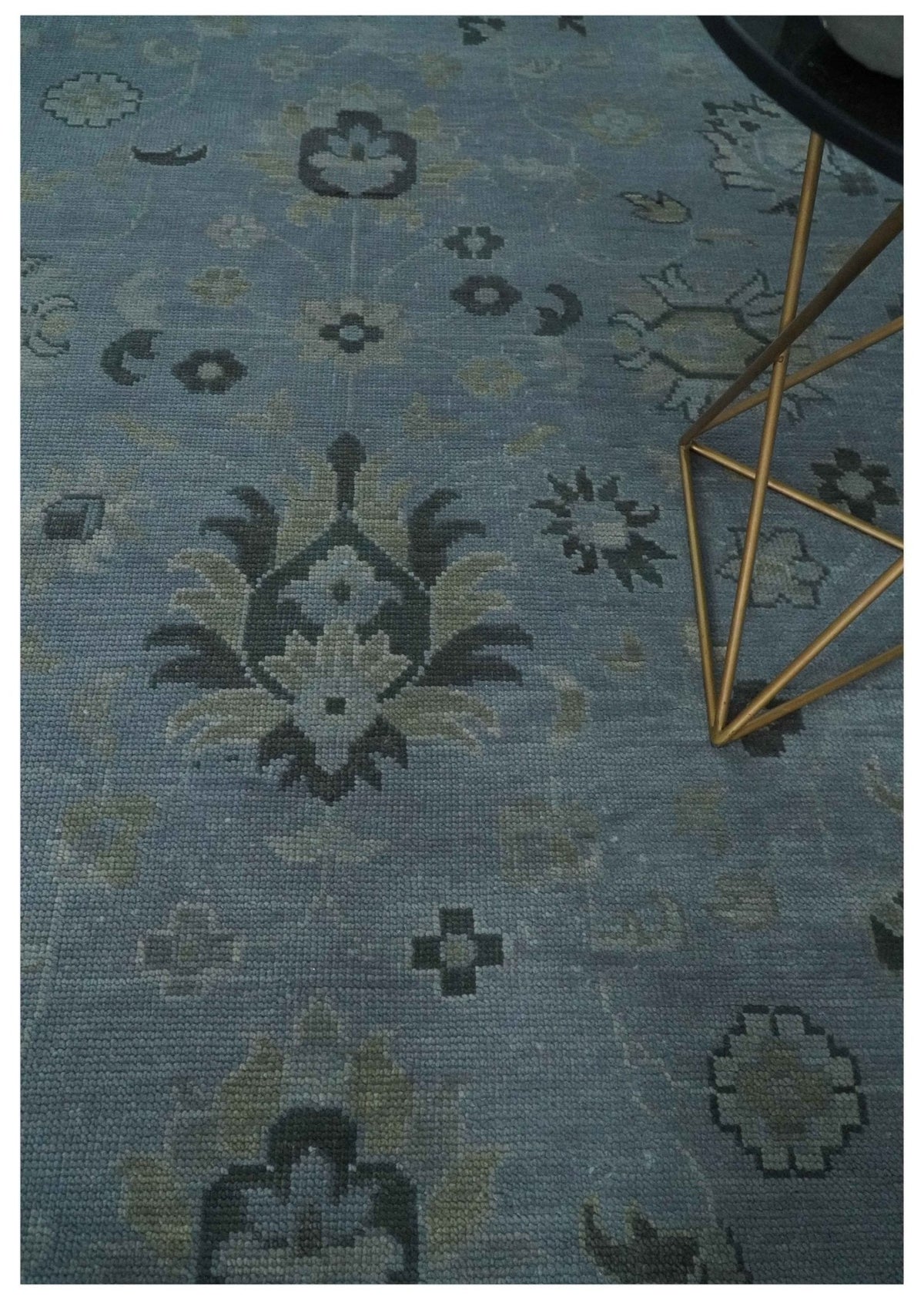 Antique style Blue, Silver and Charcoal Hand Knotted Oushak Wool Area Rug.