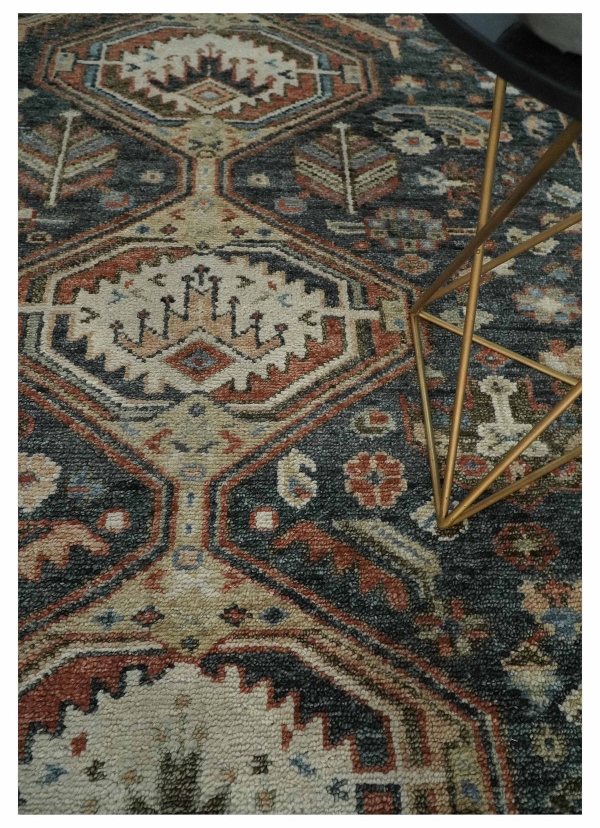 Antique Style Charcoal, Beige and Rust Hand knotted Custom Made wool Area Rug.