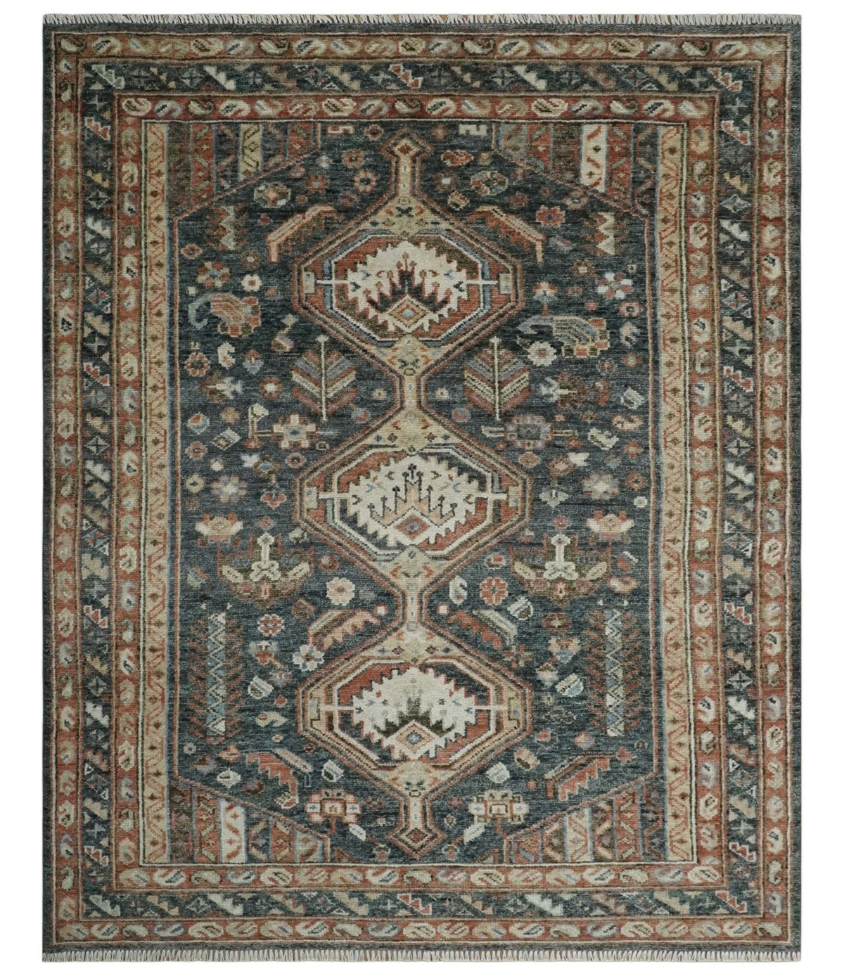Antique Style Charcoal, Beige and Rust Hand knotted Custom Made wool Area Rug.