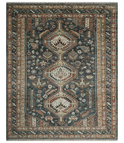 Antique Style Charcoal, Beige and Rust Hand knotted Custom Made wool Area Rug.