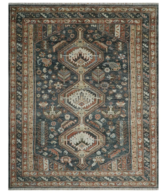 Antique Style Charcoal, Beige and Rust Hand knotted Custom Made wool Area Rug.