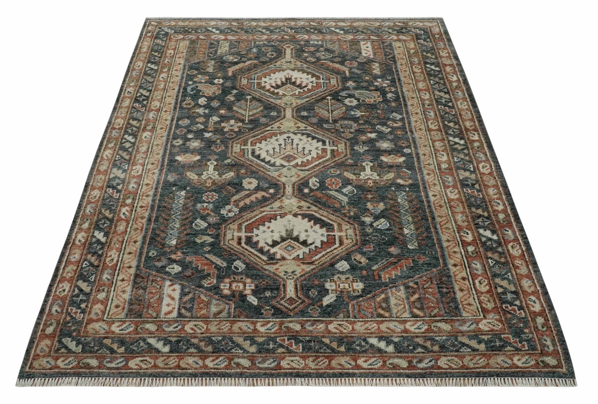 Antique Style Charcoal, Beige and Rust Hand knotted Custom Made wool Area Rug.