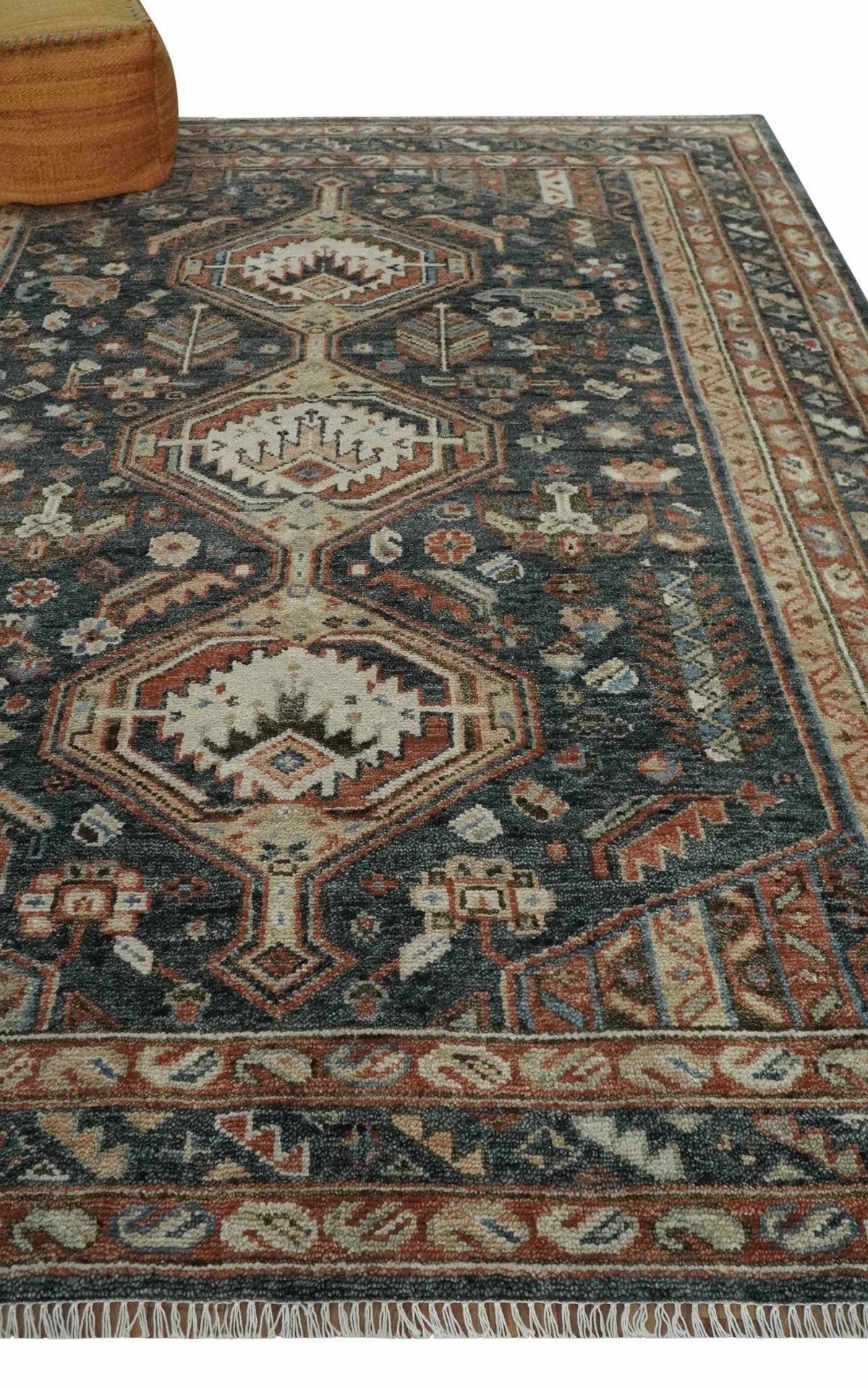 Antique Style Charcoal, Beige and Rust Hand knotted Custom Made wool Area Rug.