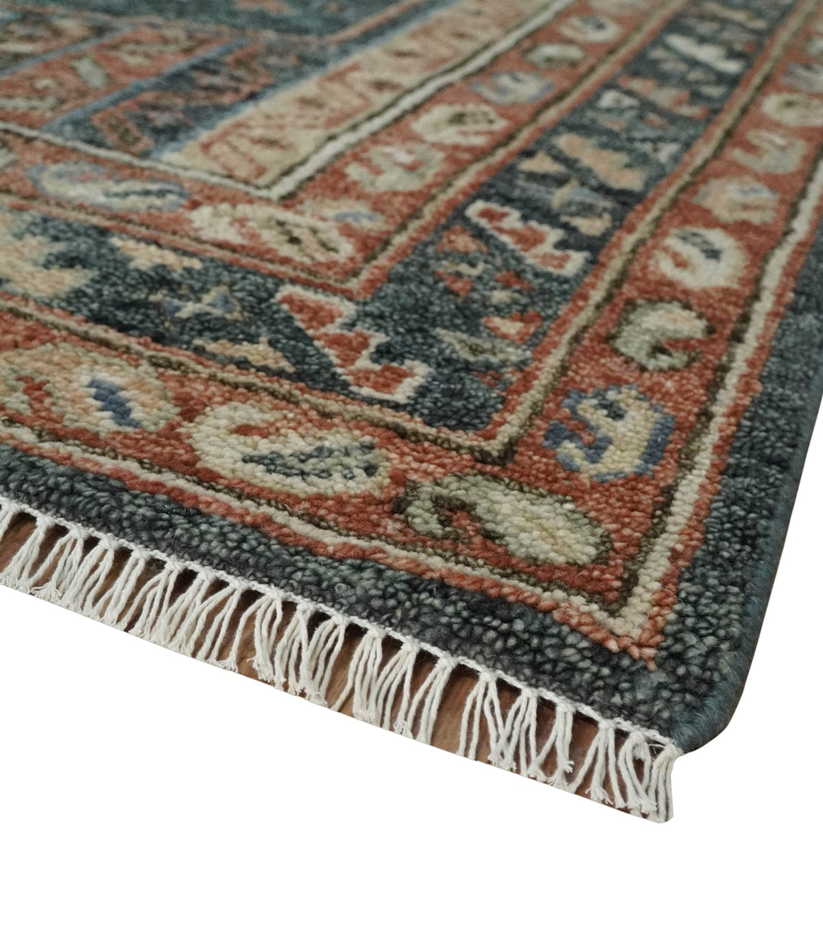 Antique Style Charcoal, Beige and Rust Hand knotted Custom Made wool Area Rug.