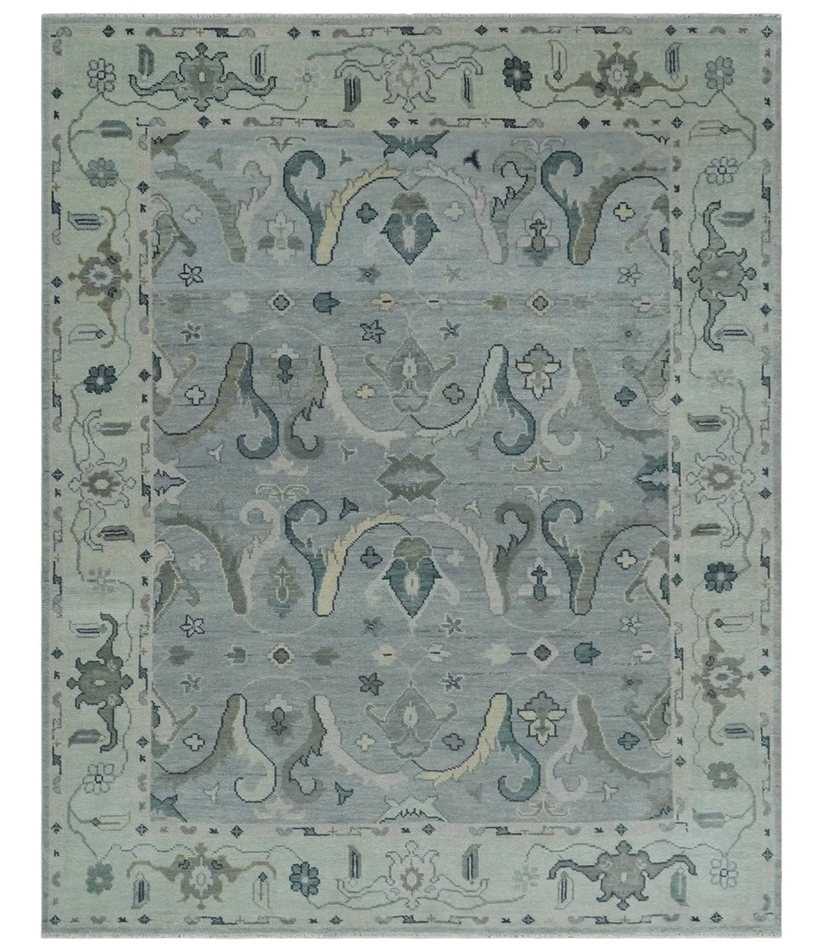 Antique Style Custom Made Charcoal, Silver and Green Hand Knotted Oriental Oushak Wool Area Rug.