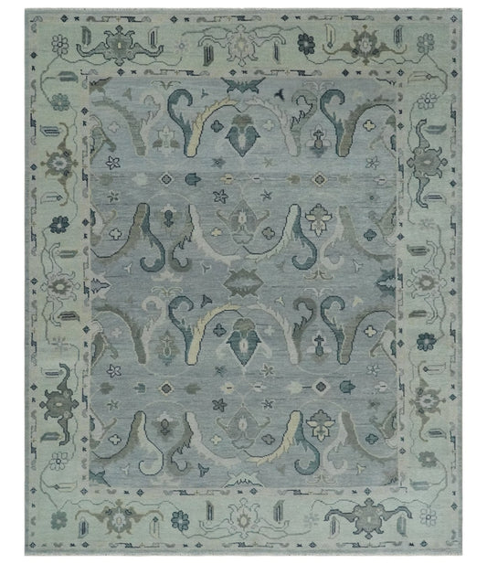 Antique Style Custom Made Charcoal, Silver and Green Hand Knotted Oriental Oushak Wool Area Rug.