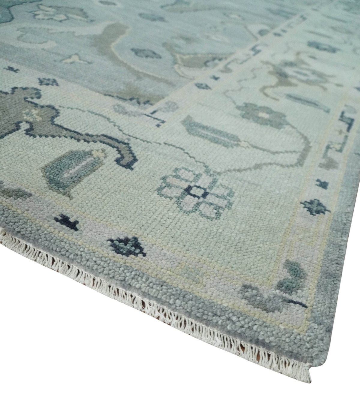 Antique Style Custom Made Charcoal, Silver and Green Hand Knotted Oriental Oushak Wool Area Rug.