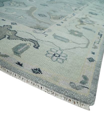 Antique Style Custom Made Charcoal, Silver and Green Hand Knotted Oriental Oushak Wool Area Rug.