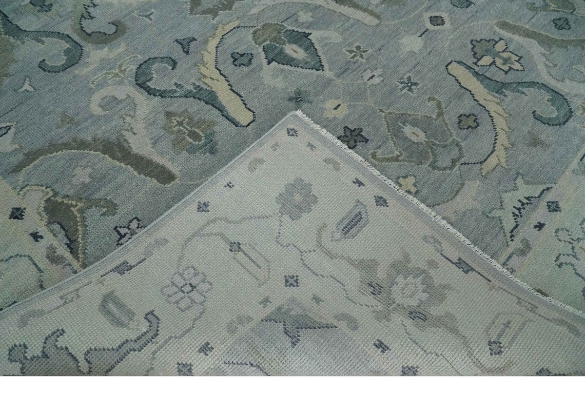 Antique Style Custom Made Charcoal, Silver and Green Hand Knotted Oriental Oushak Wool Area Rug.