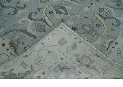 Antique Style Custom Made Charcoal, Silver and Green Hand Knotted Oriental Oushak Wool Area Rug.
