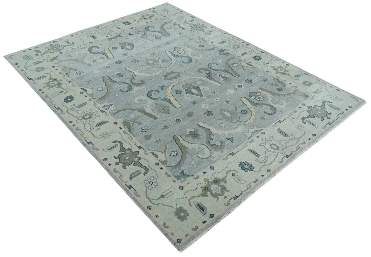 Antique Style Custom Made Charcoal, Silver and Green Hand Knotted Oriental Oushak Wool Area Rug.