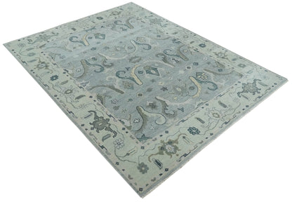 Antique Style Custom Made Charcoal, Silver and Green Hand Knotted Oriental Oushak Wool Area Rug.