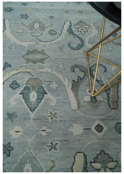 Antique Style Custom Made Charcoal, Silver and Green Hand Knotted Oriental Oushak Wool Area Rug.