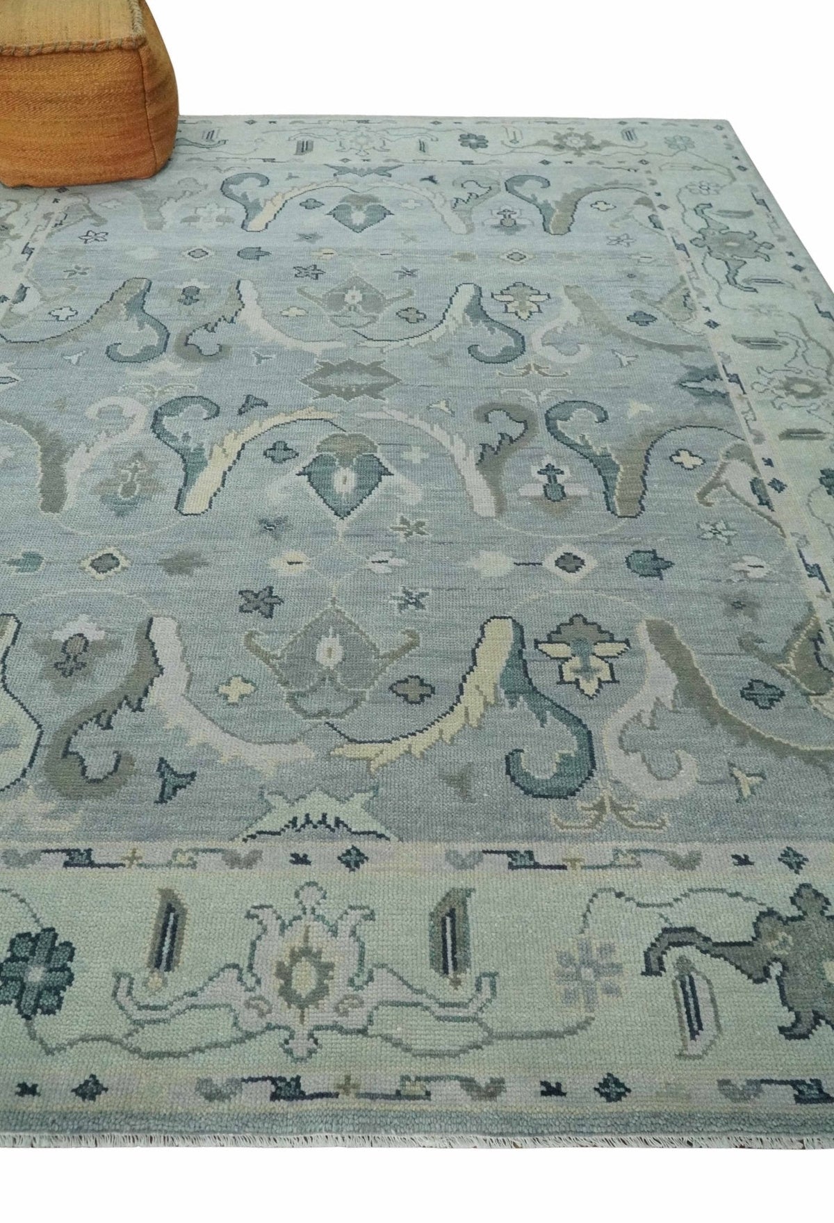 Antique Style Custom Made Charcoal, Silver and Green Hand Knotted Oriental Oushak Wool Area Rug.