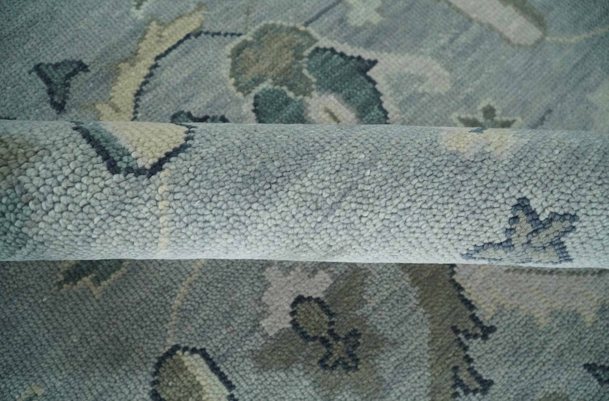 Antique Style Custom Made Charcoal, Silver and Green Hand Knotted Oriental Oushak Wool Area Rug.