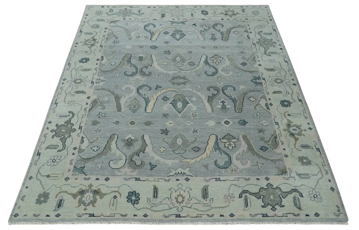 Antique Style Custom Made Charcoal, Silver and Green Hand Knotted Oriental Oushak Wool Area Rug.