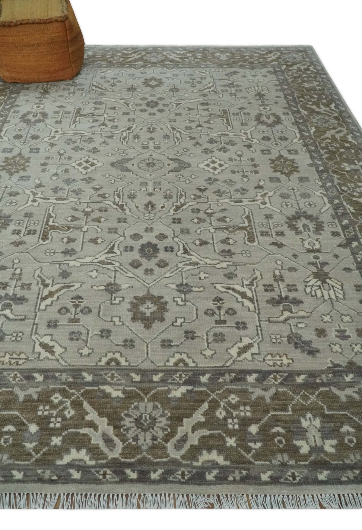 Antique Style Custom Made Traditional Silver and Brown Oriental Oushak Wool Area Rug.