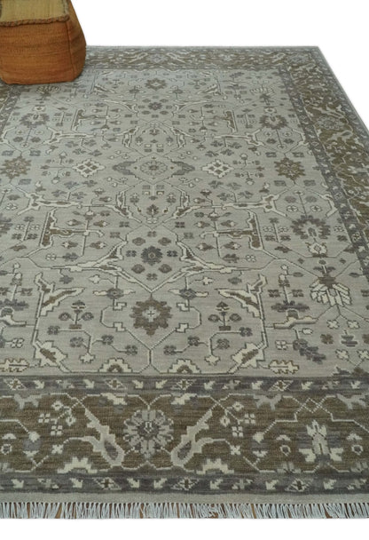 Antique Style Custom Made Traditional Silver and Brown Oriental Oushak Wool Area Rug.