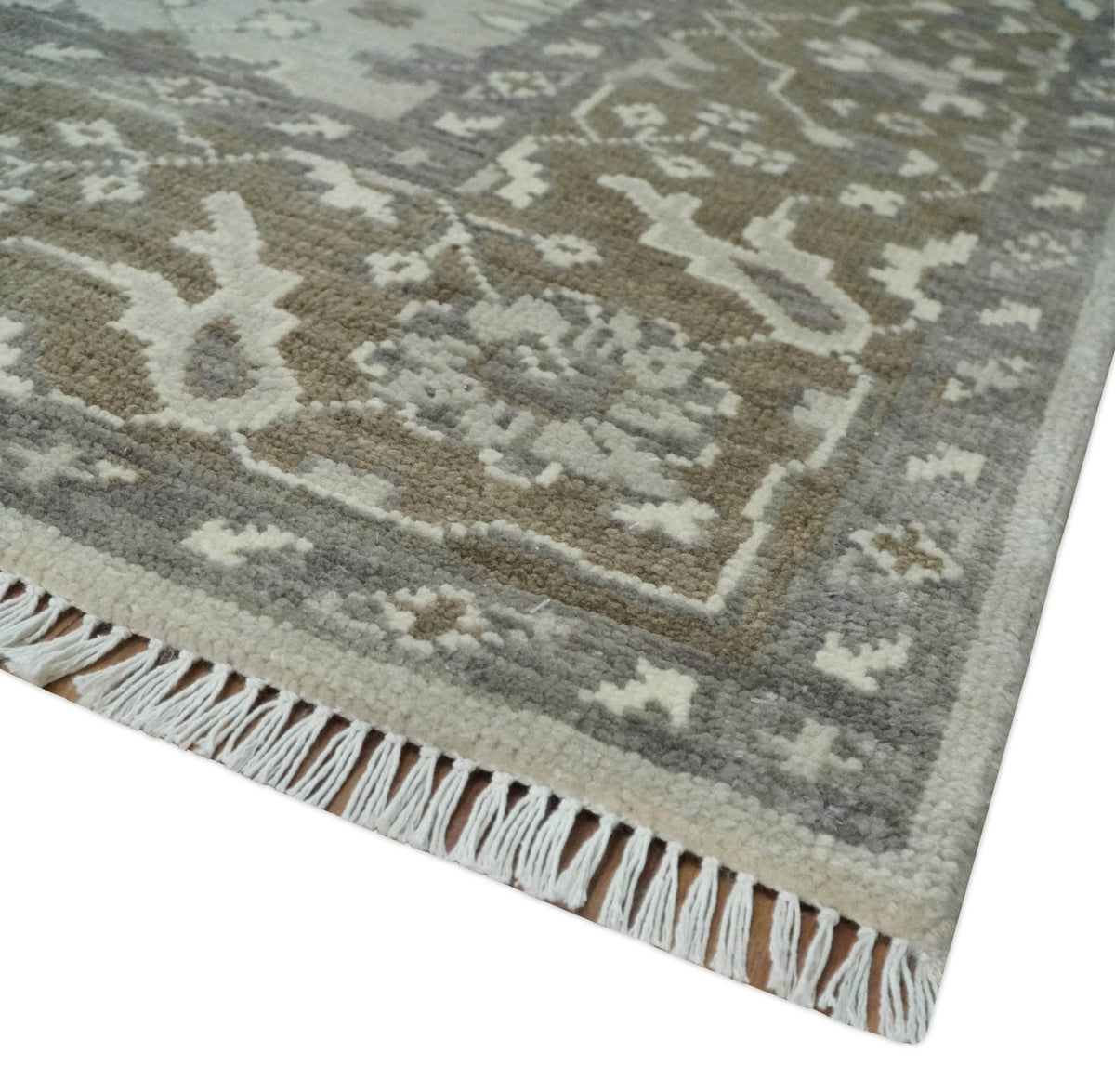 Antique Style Custom Made Traditional Silver and Brown Oriental Oushak Wool Area Rug.