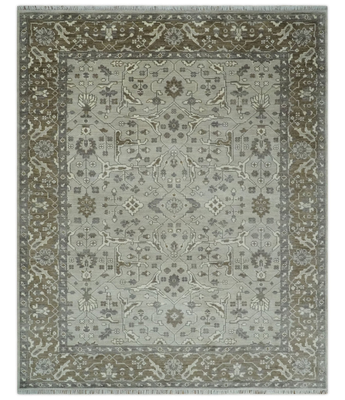 Antique Style Custom Made Traditional Silver and Brown Oriental Oushak Wool Area Rug.