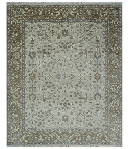 Antique Style Custom Made Traditional Silver and Brown Oriental Oushak Wool Area Rug.