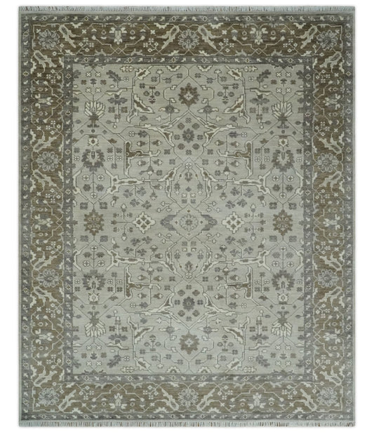 Antique Style Custom Made Traditional Silver and Brown Oriental Oushak Wool Area Rug.