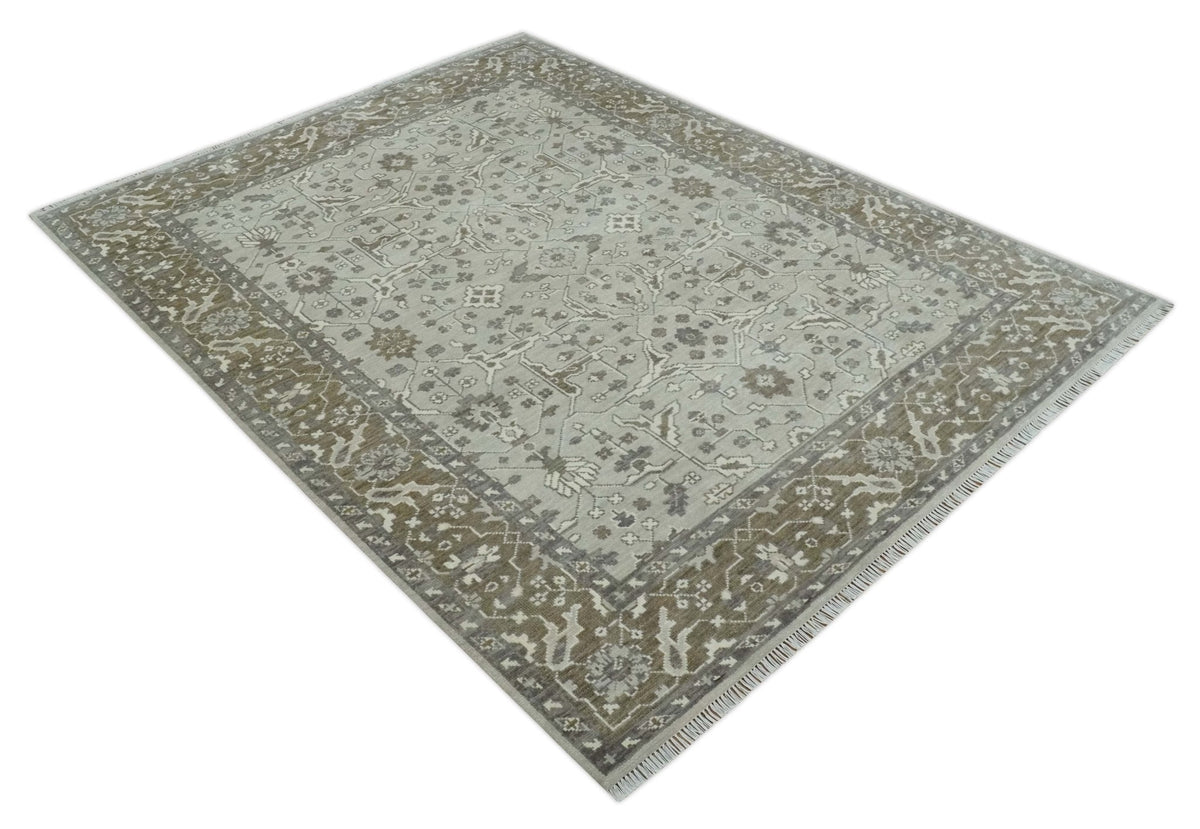 Antique Style Custom Made Traditional Silver and Brown Oriental Oushak Wool Area Rug.