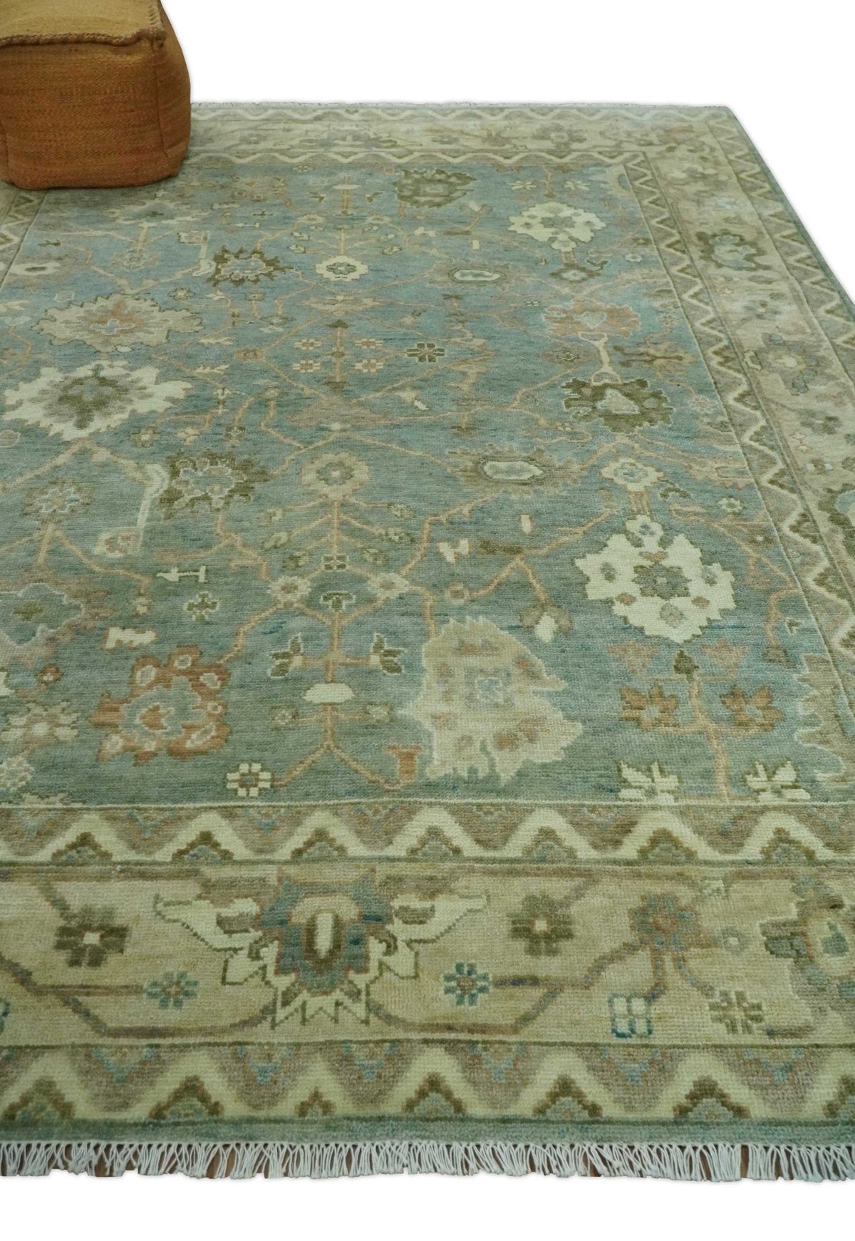 Antique style Floral Gray, Beige and Green Hand knotted Oriental Oushak Multi Size Wool Area Rug.