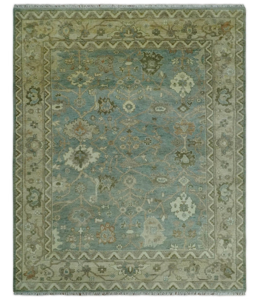 Antique style Floral Gray, Beige and Green Hand knotted Oriental Oushak Multi Size Wool Area Rug.