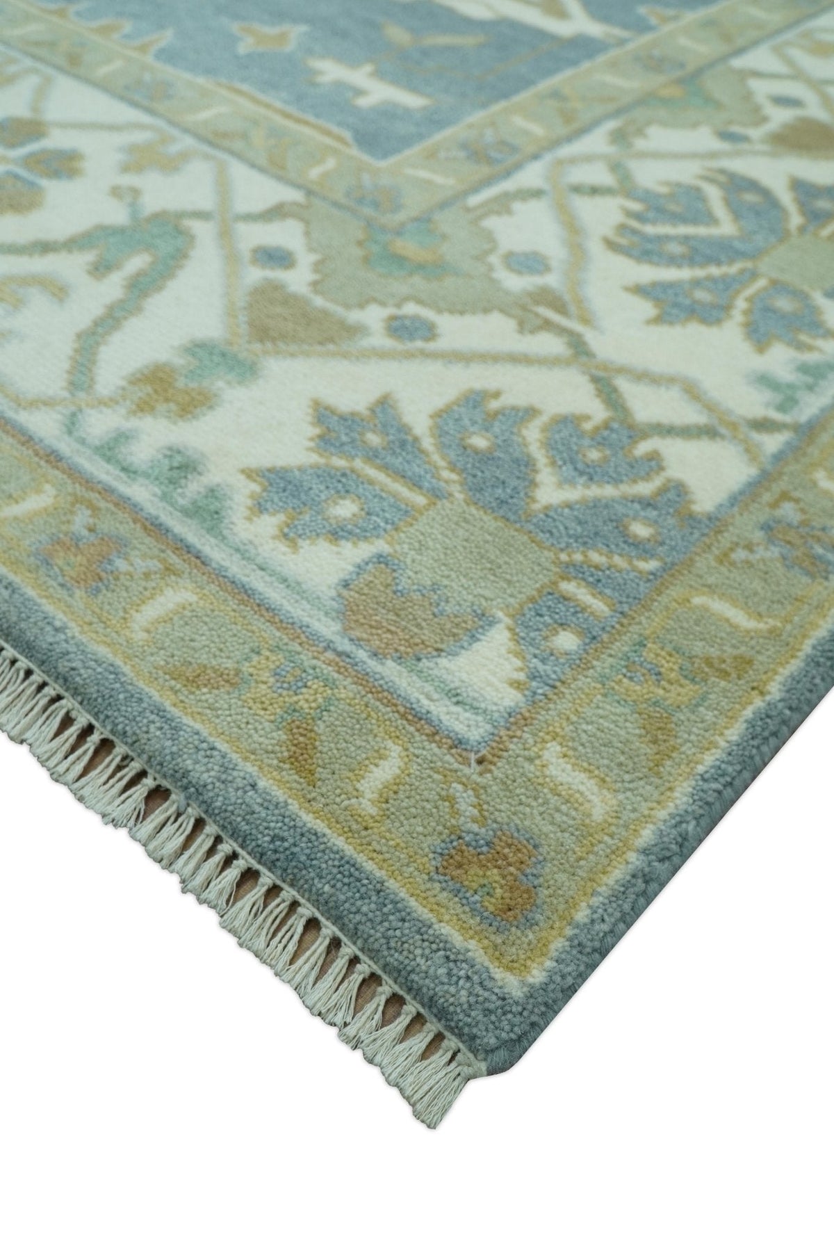 Antique Style Grayish Blue and Ivory Hand Knotted Custom Made Wool Rug.