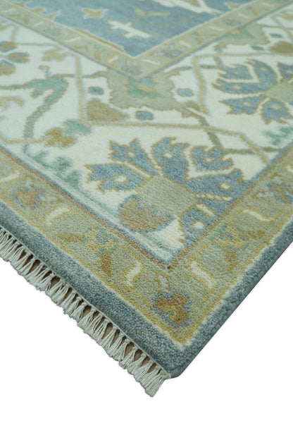Antique Style Grayish Blue and Ivory Hand Knotted Custom Made Wool Rug.