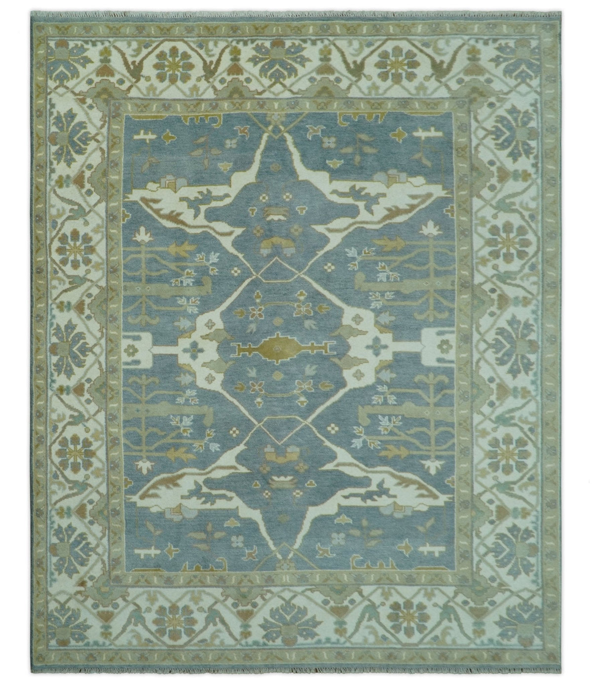 Antique Style Grayish Blue and Ivory Hand Knotted Custom Made Wool Rug.