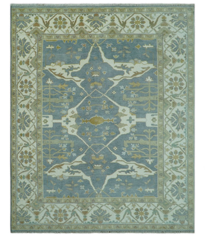 Antique Style Grayish Blue and Ivory Hand Knotted Custom Made Wool Rug.
