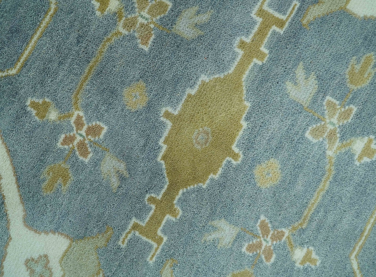 Antique Style Grayish Blue and Ivory Hand Knotted Custom Made Wool Rug.