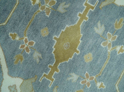 Antique Style Grayish Blue and Ivory Hand Knotted Custom Made Wool Rug.