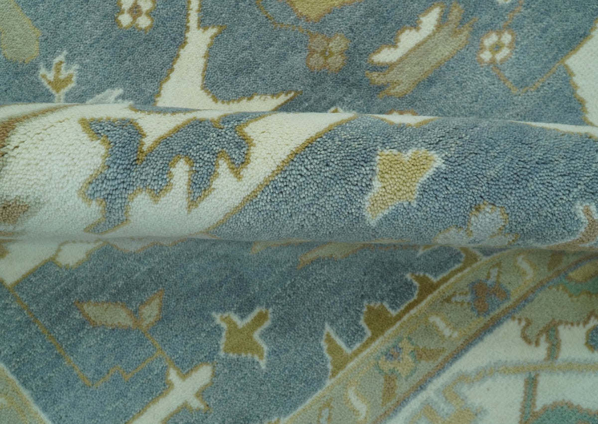 Antique Style Grayish Blue and Ivory Hand Knotted Custom Made Wool Rug.
