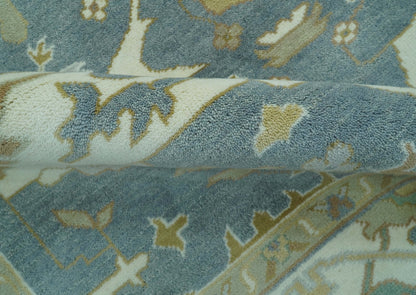 Antique Style Grayish Blue and Ivory Hand Knotted Custom Made Wool Rug.