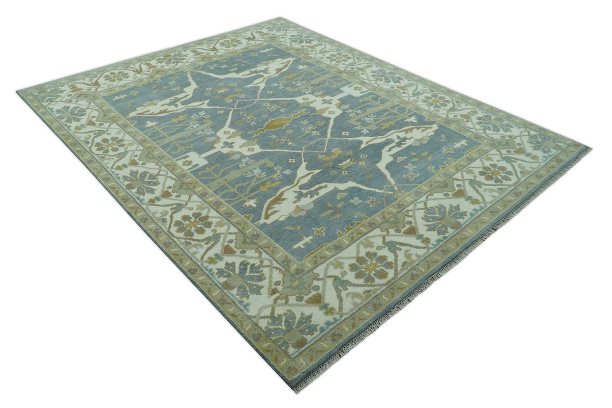 Antique Style Grayish Blue and Ivory Hand Knotted Custom Made Wool Rug.