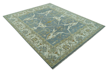Antique Style Grayish Blue and Ivory Hand Knotted Custom Made Wool Rug.