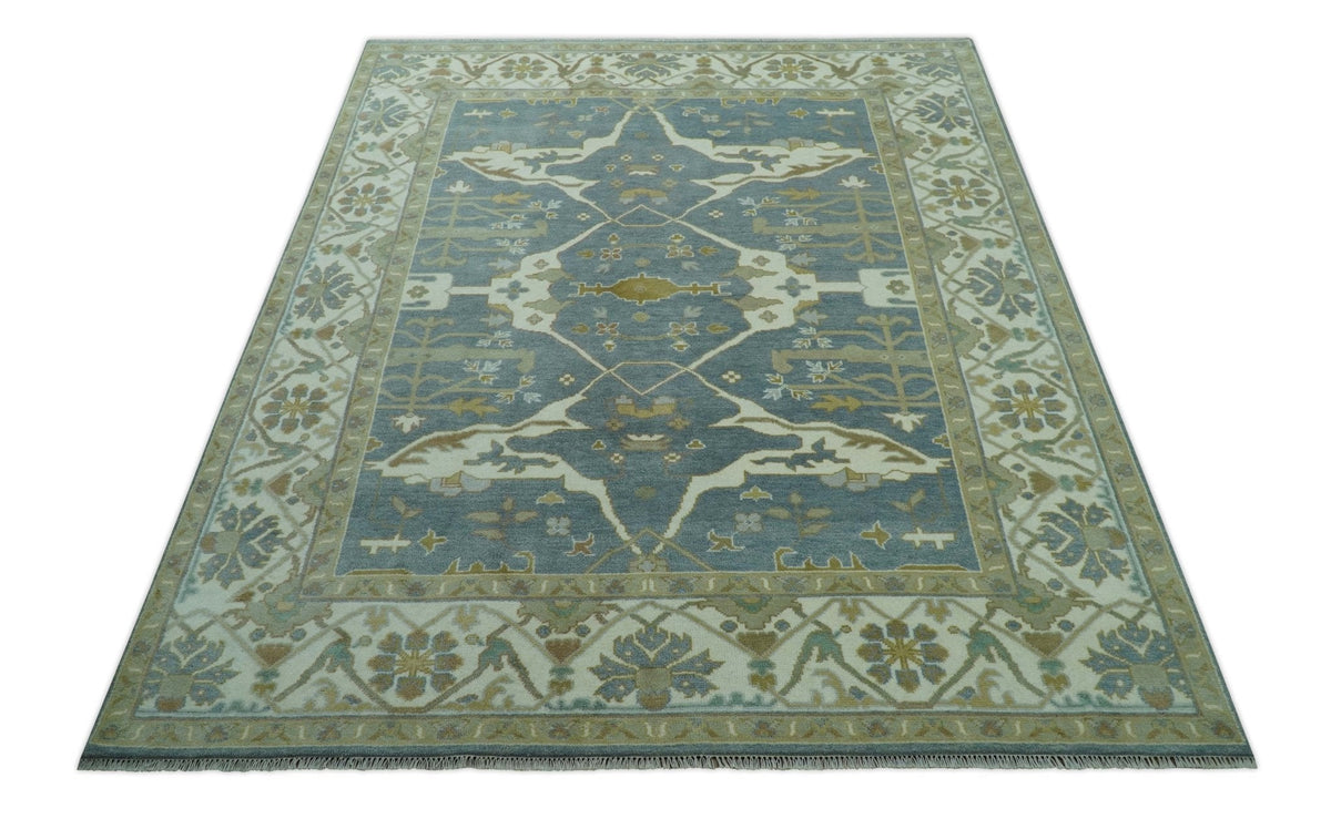 Antique Style Grayish Blue and Ivory Hand Knotted Custom Made Wool Rug.
