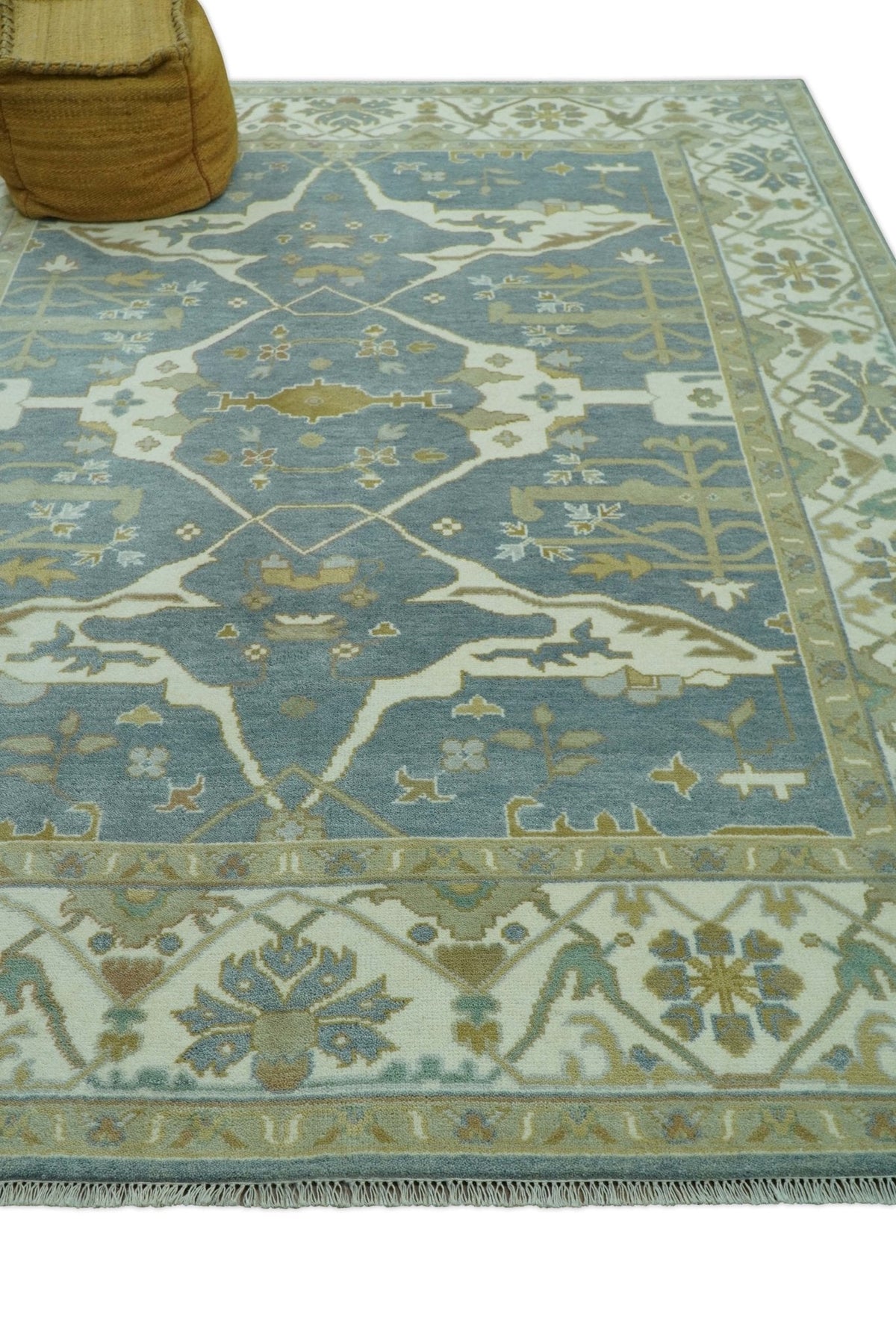 Antique Style Grayish Blue and Ivory Hand Knotted Custom Made Wool Rug.