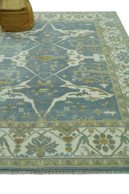 Antique Style Grayish Blue and Ivory Hand Knotted Custom Made Wool Rug.