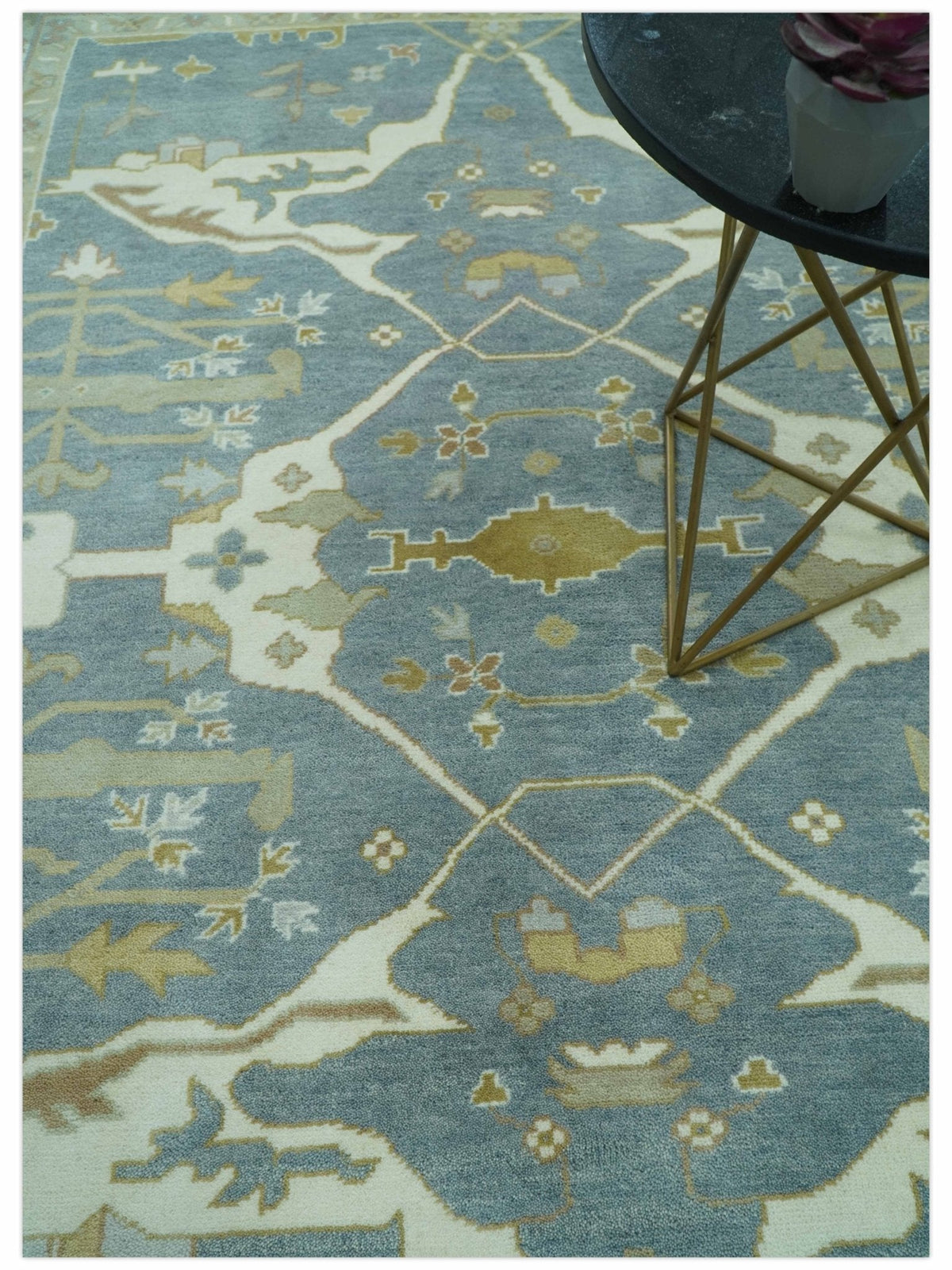 Antique Style Grayish Blue and Ivory Hand Knotted Custom Made Wool Rug.