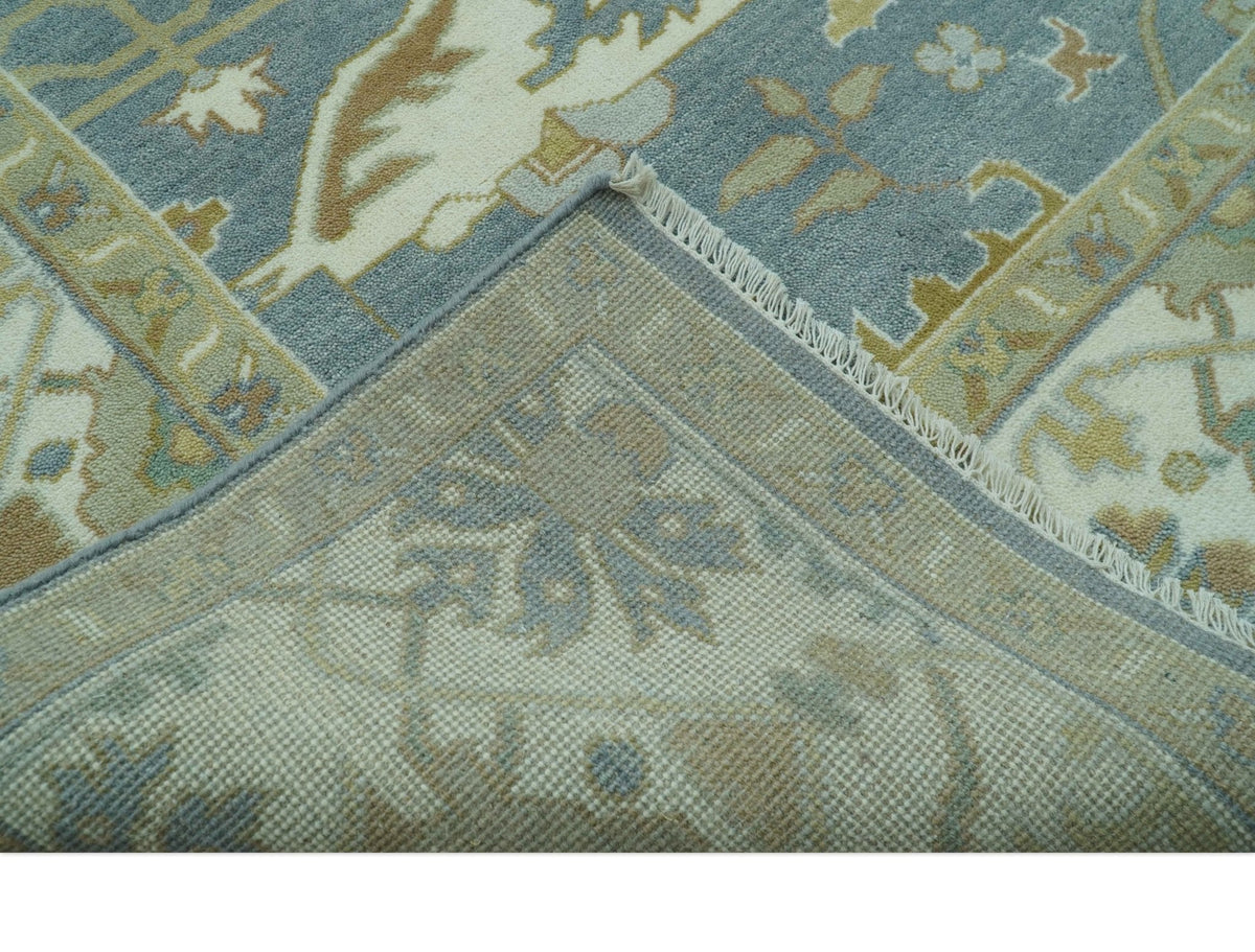 Antique Style Grayish Blue and Ivory Hand Knotted Custom Made Wool Rug.